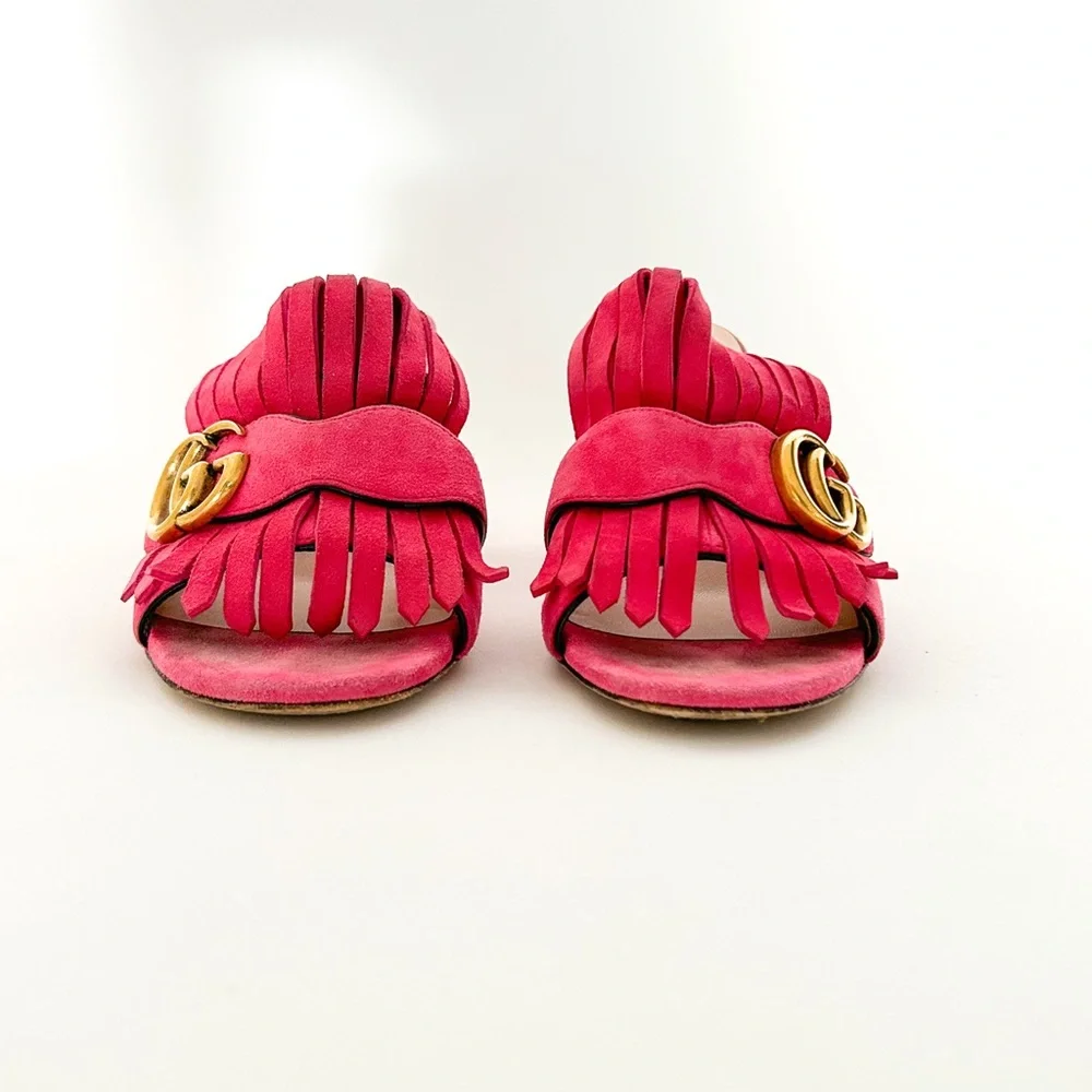 Gucci Marmont GG Logo Hot Pink Red Suede Fringed High Heeled Mules Slides 37.5 - Picture 6 of 12